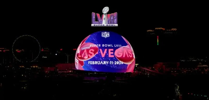 Image of the Las Vegas Sphere OOH Advertising - 2024 Super Bowl Advertisers Orbit the Vegas Sphere for Out-of-Home Ad Brilliance