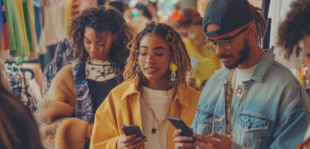 A group of trendy Gen Z and Millennial shoppers, dressed in casual and stylish clothing, focus on their smartphones while walking through a vibrant store. The scene highlights their digital-first lifestyles and engagement with technology.